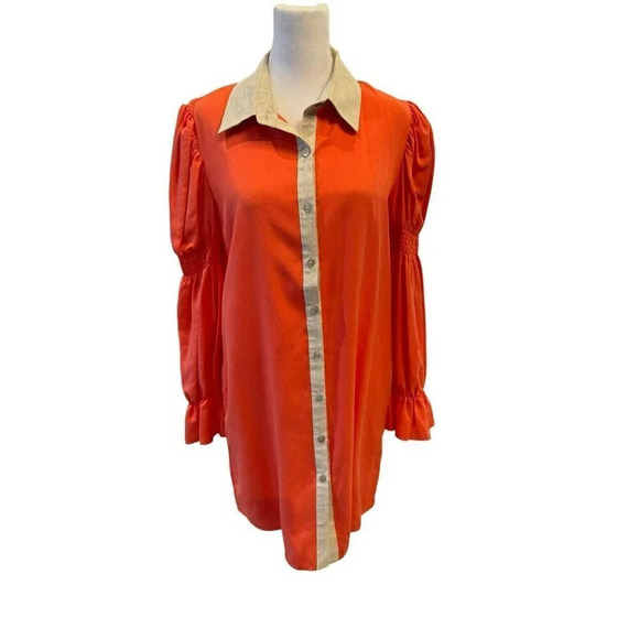 Margo Baridon Sienna Mini Shirt Dress Size Small Orange Puff Sleeve $298 - Picture 6 of 14